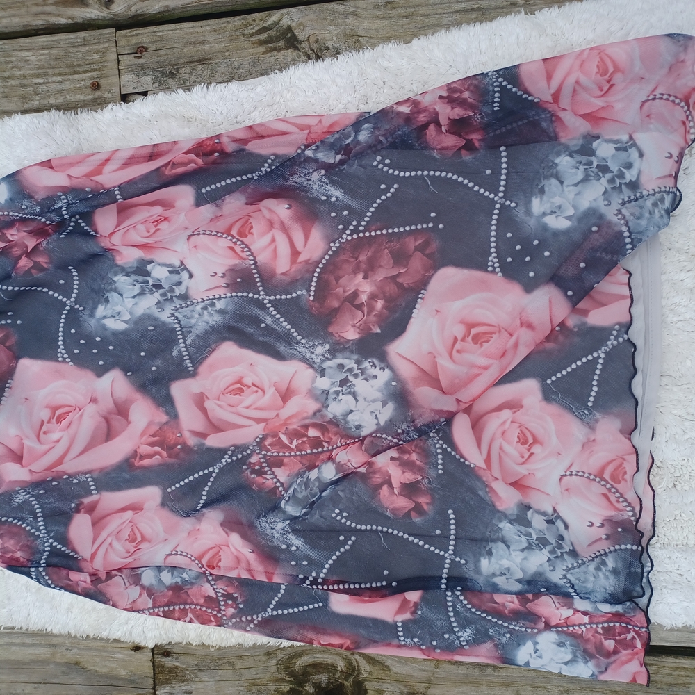 Floral Chiffon Skirt with Pink Roses Size M